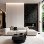 Modern luxury living room featuring a black marble-style accent wall with fireplace, vertical white wall panels, curved cream sofa, and minimalist contemporary interior styling.