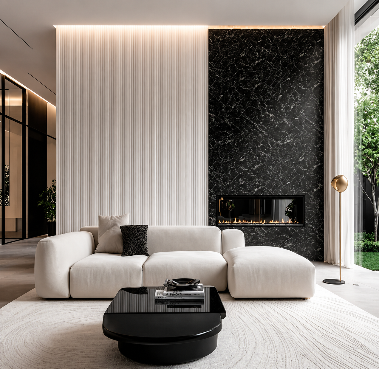 Modern luxury living room featuring a black marble-style accent wall with fireplace, vertical white wall panels, curved cream sofa, and minimalist contemporary interior styling. Modern luxury living room featuring a black marble-style accent wall with fireplace, vertical white wall panels, curved cream sofa, and minimalist contemporary interior styling.