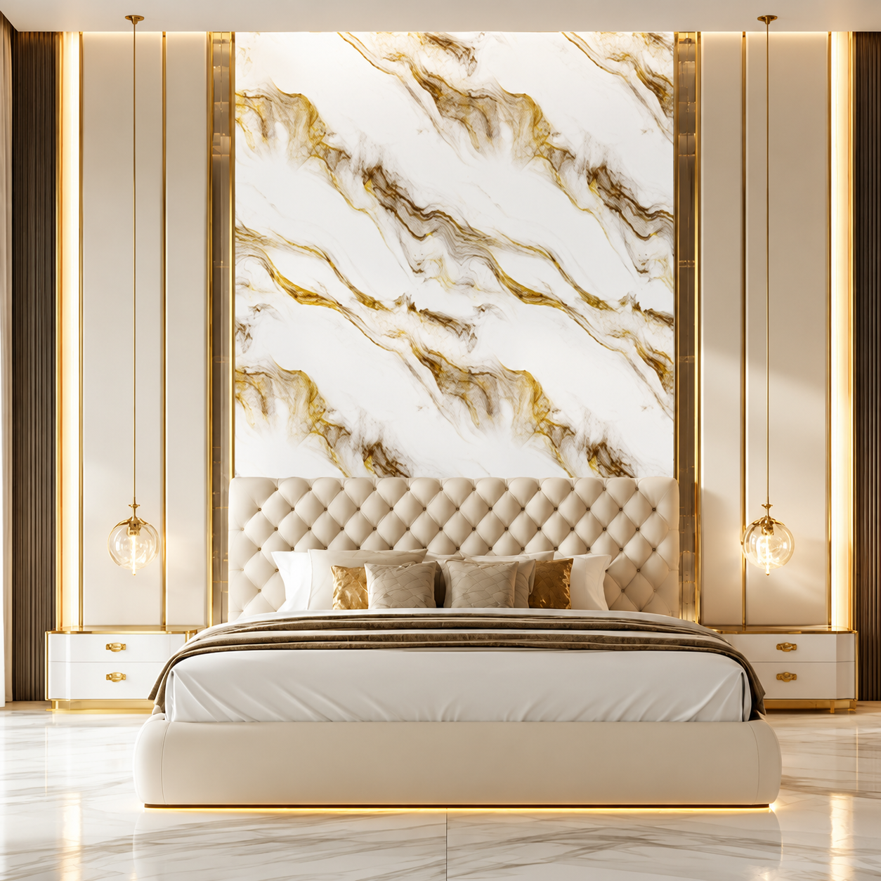 Luxury modern bedroom featuring a white and gold marble accent wall, upholstered cream bed, warm gold lighting, and elegant contemporary interior styling. Luxury modern bedroom featuring a white and gold marble accent wall, upholstered cream bed, warm gold lighting, and elegant contemporary interior styling.