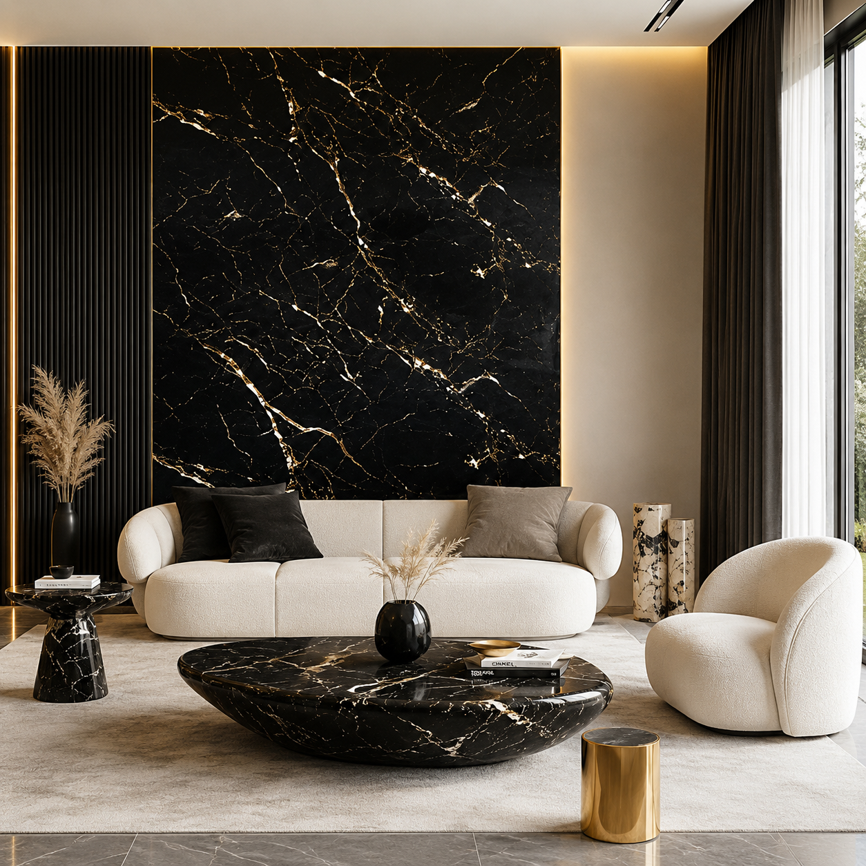 Luxury modern living room featuring a black marble accent wall with white and gold veining, cream curved sofa, black marble coffee table, warm ambient lighting, and elegant contemporary interior design. Luxury modern living room featuring a black marble accent wall with white and gold veining, cream curved sofa, black marble coffee table, warm ambient lighting, and elegant contemporary interior design.