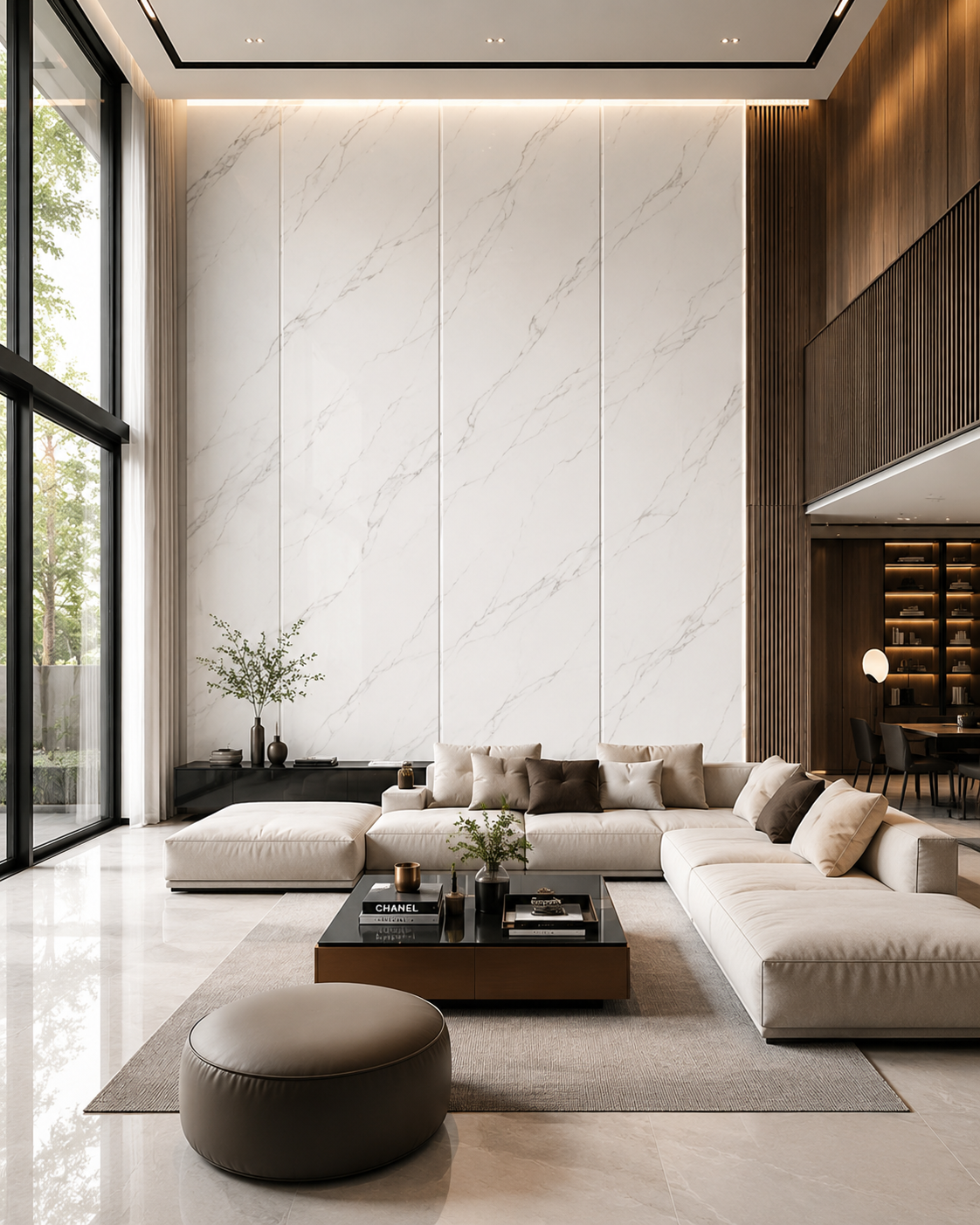 Modern luxury living room featuring large white marble wall panels with soft grey veining, cream sectional sofa, floor-to-ceiling windows, warm wooden accents, and minimalist contemporary interior design. Modern luxury living room featuring large white marble wall panels with soft grey veining, cream sectional sofa, floor-to-ceiling windows, warm wooden accents, and minimalist contemporary interior design.