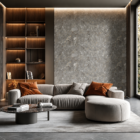 Modern luxury living room featuring a grey stone marble accent wall, warm wooden shelving, curved sectional sofa, soft ambient lighting, and elegant contemporary interior styling.