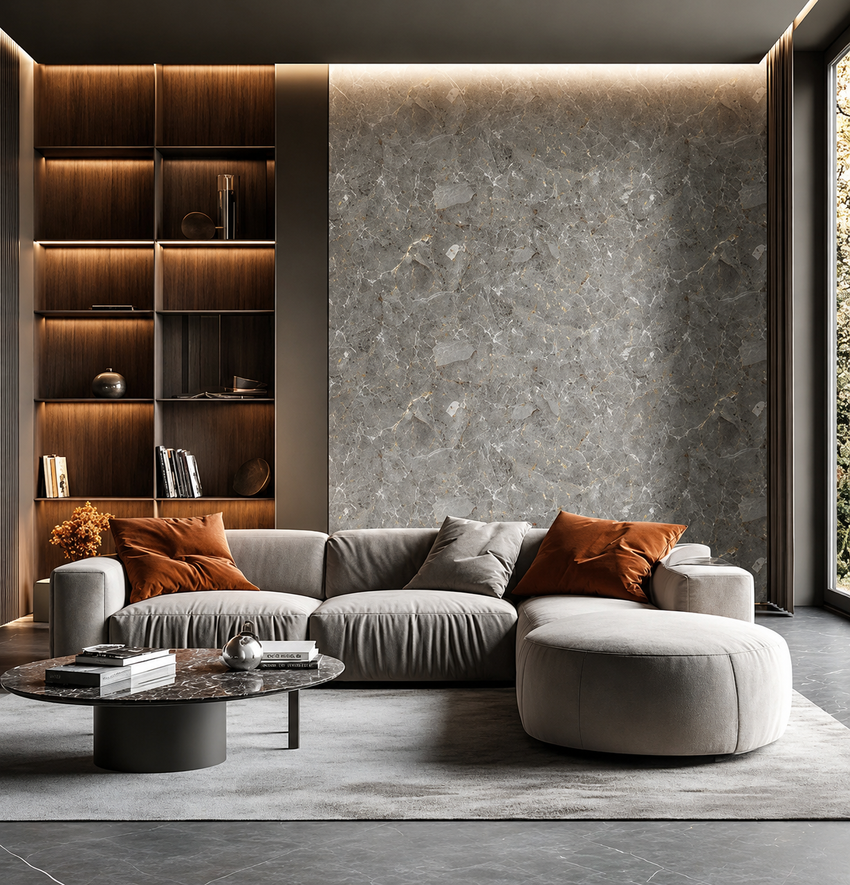 Modern luxury living room featuring a grey stone marble accent wall, warm wooden shelving, curved sectional sofa, soft ambient lighting, and elegant contemporary interior styling. Modern luxury living room featuring a grey stone marble accent wall, warm wooden shelving, curved sectional sofa, soft ambient lighting, and elegant contemporary interior styling.