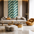 Luxury modern living room featuring a teal and gold marble accent wall, cream sofa, gold coffee table, soft ambient lighting, and elegant contemporary interior styling.