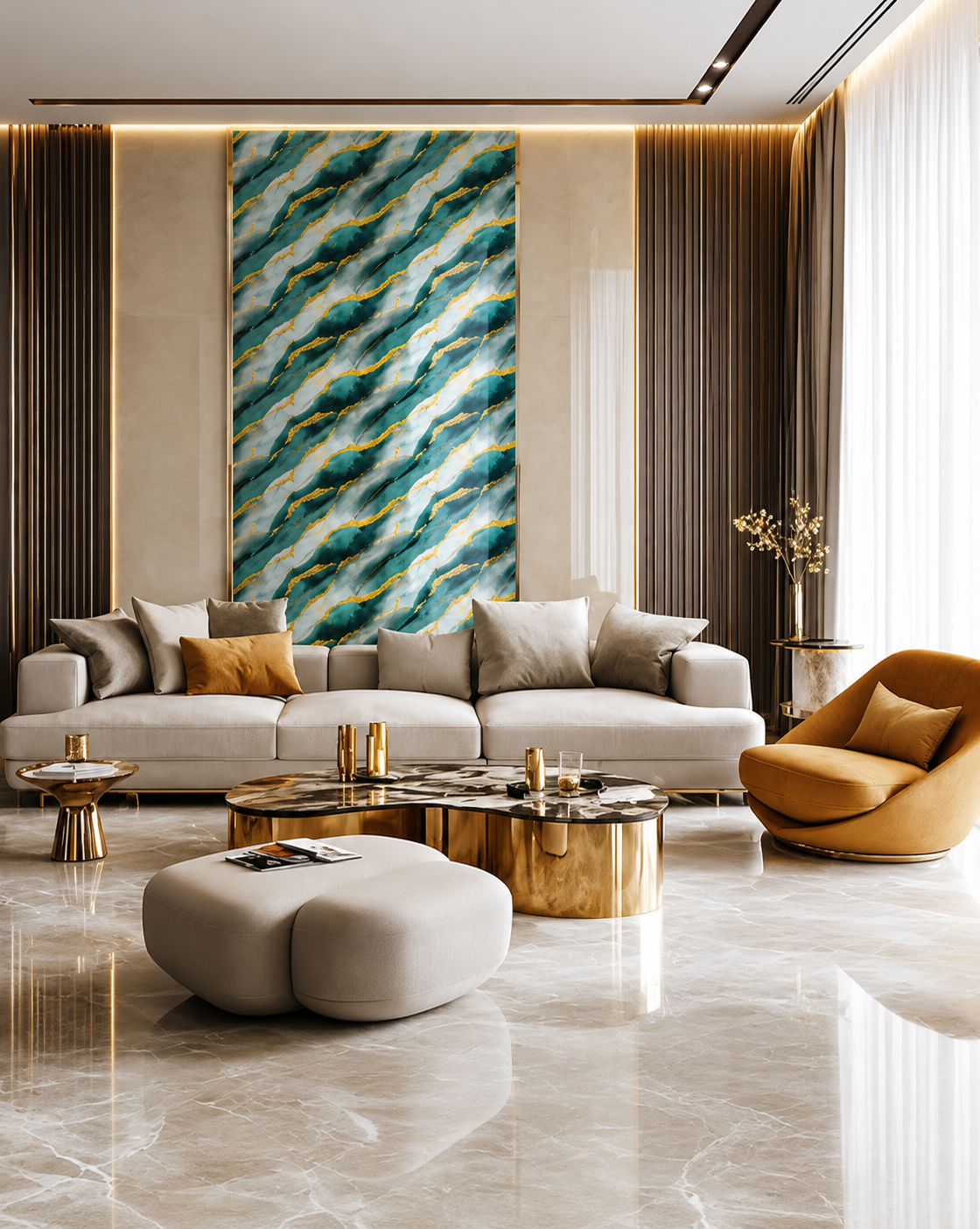 Luxury modern living room featuring a teal and gold marble accent wall, cream sofa, gold coffee table, soft ambient lighting, and elegant contemporary interior styling. Luxury modern living room featuring a teal and gold marble accent wall, cream sofa, gold coffee table, soft ambient lighting, and elegant contemporary interior styling.