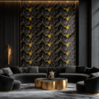 Luxury modern lounge featuring a black and gold marble accent wall, curved velvet seating, gold coffee table, warm ambient lighting, and sophisticated contemporary interior styling.
