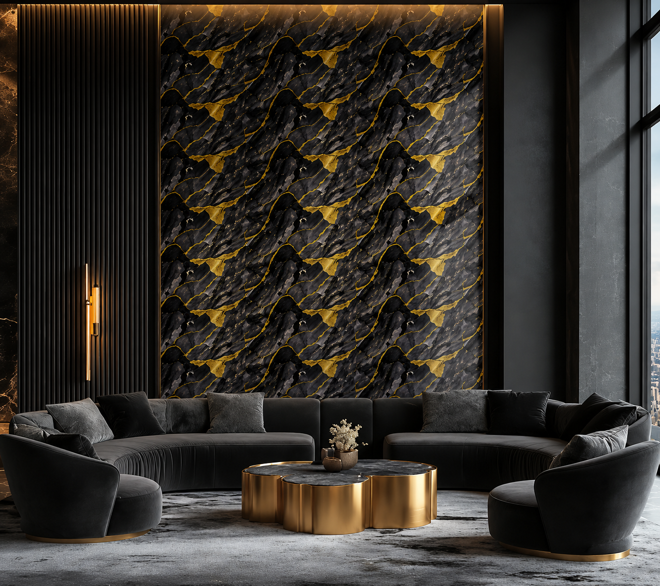 Luxury modern lounge featuring a black and gold marble accent wall, curved velvet seating, gold coffee table, warm ambient lighting, and sophisticated contemporary interior styling. Luxury modern lounge featuring a black and gold marble accent wall, curved velvet seating, gold coffee table, warm ambient lighting, and sophisticated contemporary interior styling.