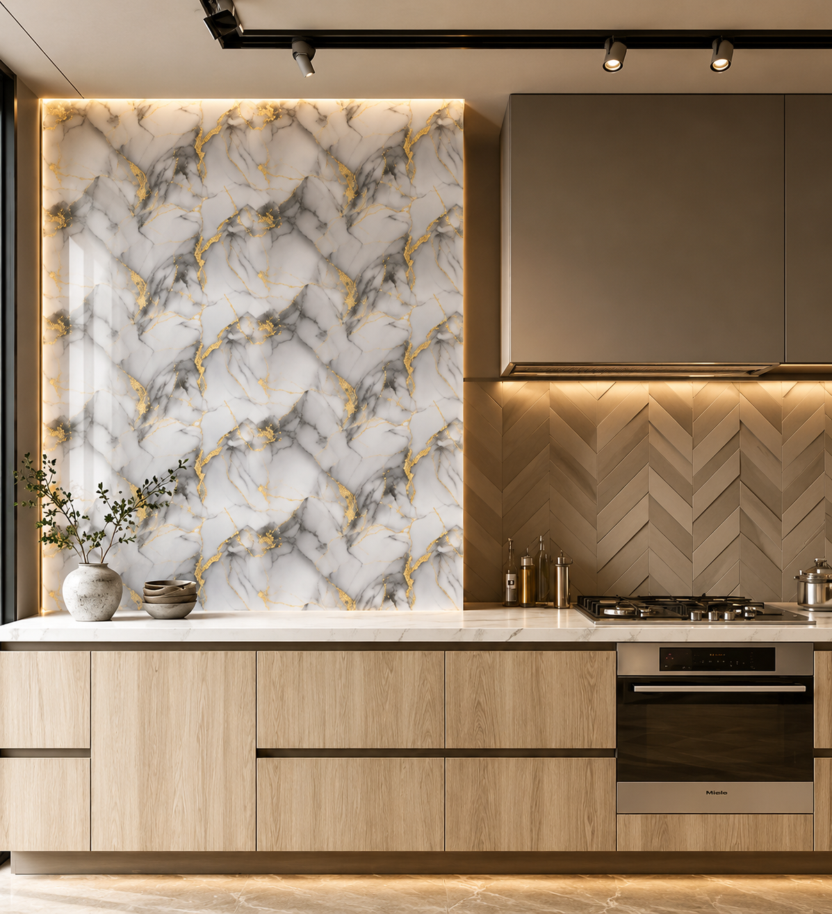 Modern luxury kitchen featuring a white marble accent wall with gold veining, warm wooden cabinetry, soft ambient lighting, and elegant contemporary interior styling. Modern luxury kitchen featuring a white marble accent wall with gold veining, warm wooden cabinetry, soft ambient lighting, and elegant contemporary interior styling.