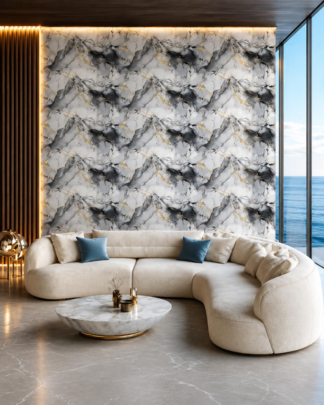 Luxury modern living room featuring a white and charcoal marble accent wall with subtle gold veining, curved cream sectional sofa, marble coffee table, warm ambient lighting, and panoramic ocean views. Luxury modern living room featuring a white and charcoal marble accent wall with subtle gold veining, curved cream sectional sofa, marble coffee table, warm ambient lighting, and panoramic ocean views.
