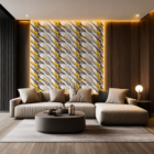 Modern luxury living room featuring a white, charcoal, and gold marble accent wall, beige sectional sofa, dark wood paneling, warm ambient lighting, and elegant contemporary interior styling.