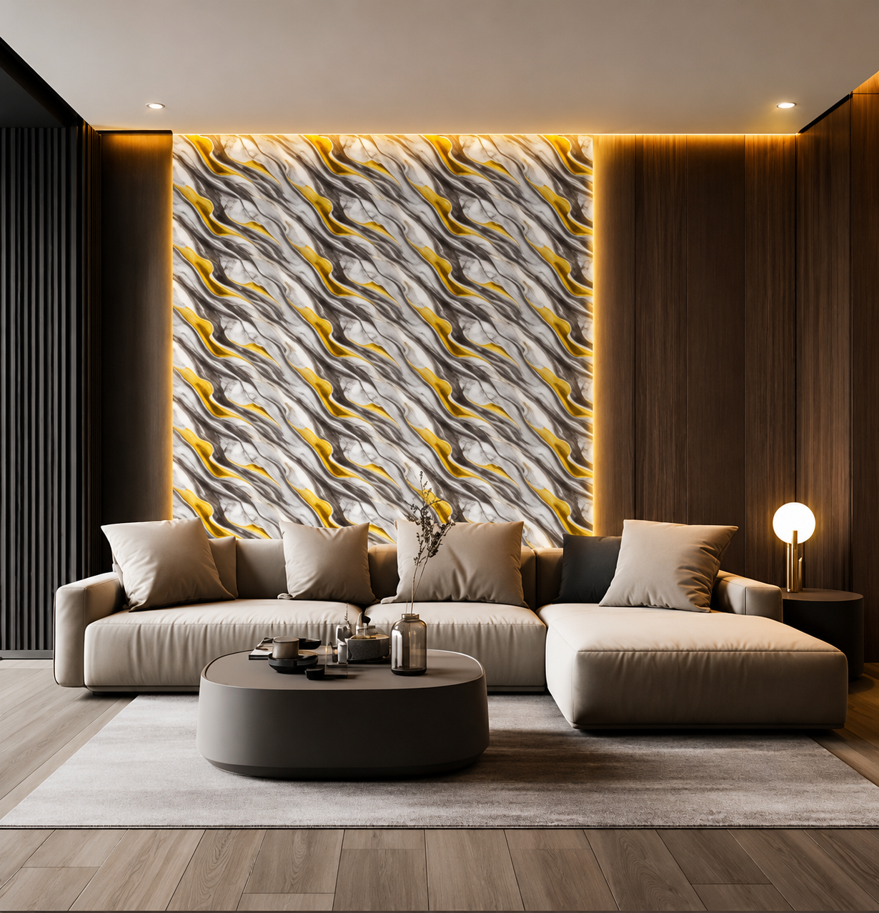 Modern luxury living room featuring a white, charcoal, and gold marble accent wall, beige sectional sofa, dark wood paneling, warm ambient lighting, and elegant contemporary interior styling. Modern luxury living room featuring a white, charcoal, and gold marble accent wall, beige sectional sofa, dark wood paneling, warm ambient lighting, and elegant contemporary interior styling.