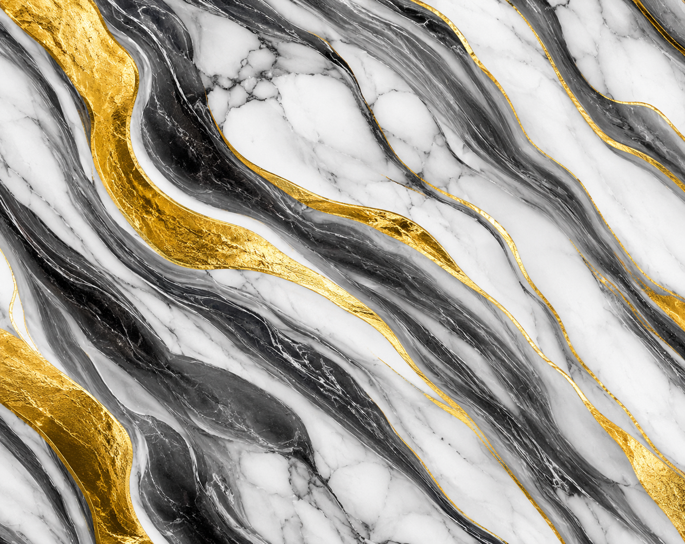 Close-up marble wall sticker texture with flowing charcoal grey veining, white marble detailing, and bold metallic gold waves, designed for luxury modern interiors and premium decorative wall spaces.