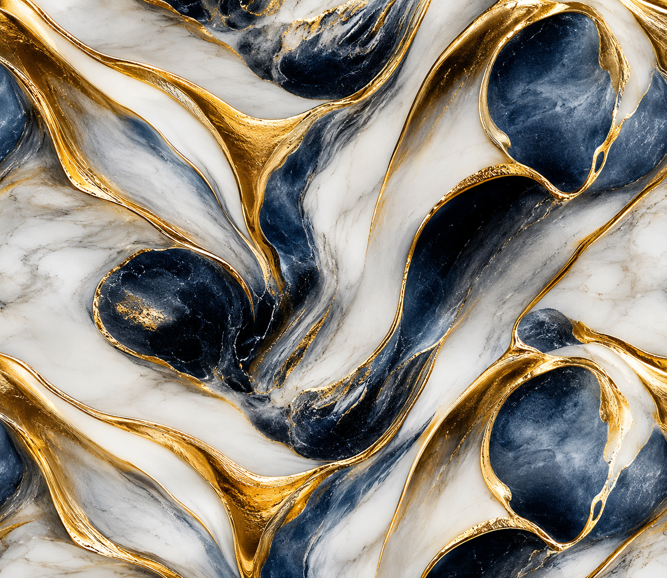 Close-up abstract marble wall sticker texture with deep navy blue detailing, flowing metallic gold waves, and smooth white marble textures, designed for luxury modern interiors and premium decorative wall spaces.