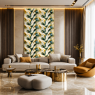 Luxury modern living room featuring an emerald green, white, and gold abstract marble accent wall, cream sectional sofa, glossy marble flooring, warm ambient lighting, and elegant contemporary interior styling.