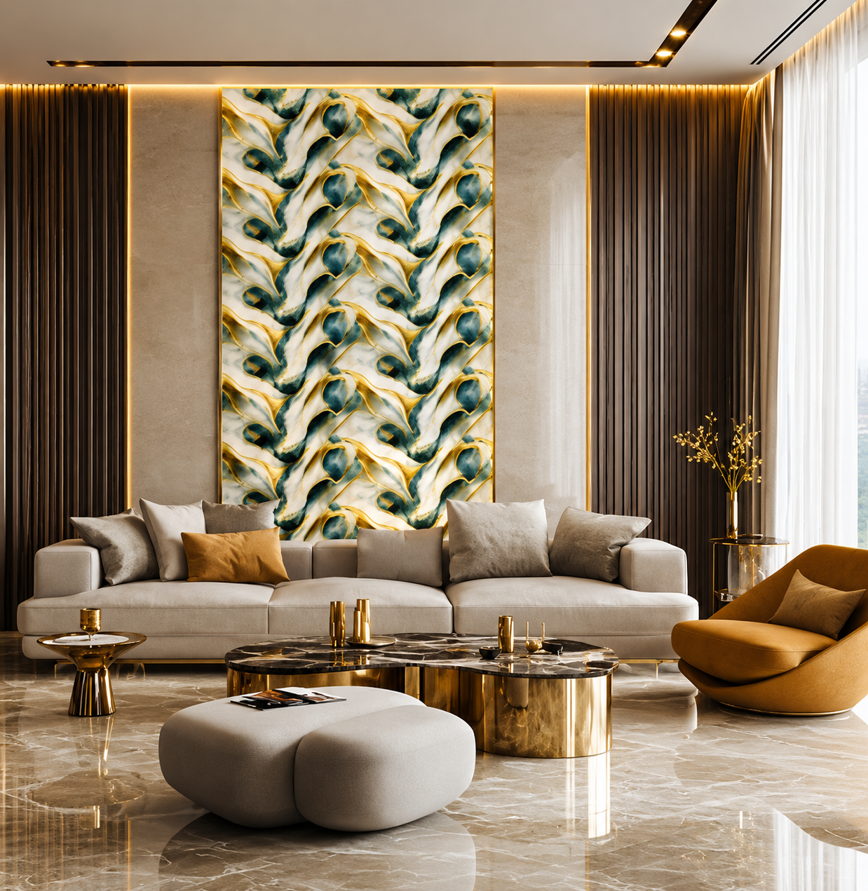 Luxury modern living room featuring an emerald green, white, and gold abstract marble accent wall, cream sectional sofa, glossy marble flooring, warm ambient lighting, and elegant contemporary interior styling. Luxury modern living room featuring an emerald green, white, and gold abstract marble accent wall, cream sectional sofa, glossy marble flooring, warm ambient lighting, and elegant contemporary interior styling.