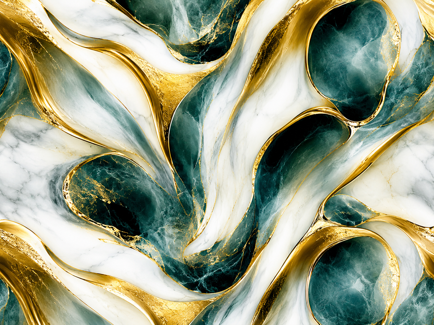 Close-up abstract marble wall sticker texture with jade green detailing, flowing metallic gold waves, and smooth white marble textures, designed for luxury modern interiors and premium decorative wall spaces.