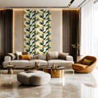 Luxury modern living room featuring an emerald green, white, and gold abstract marble accent wall, cream sectional sofa, glossy marble flooring, warm ambient lighting, and elegant contemporary interior styling.