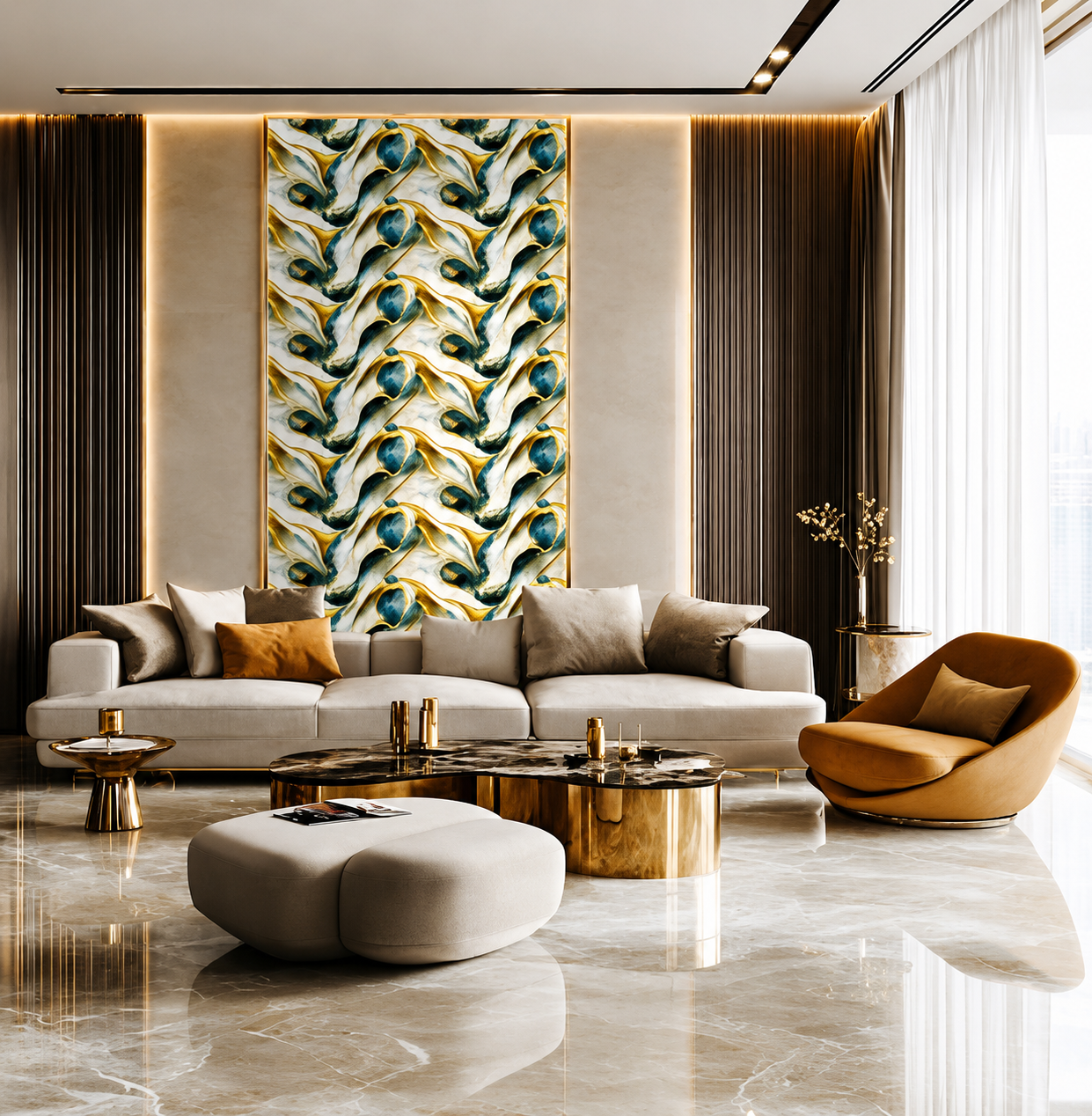 Luxury modern living room featuring an emerald green, white, and gold abstract marble accent wall, cream sectional sofa, glossy marble flooring, warm ambient lighting, and elegant contemporary interior styling. Luxury modern living room featuring an emerald green, white, and gold abstract marble accent wall, cream sectional sofa, glossy marble flooring, warm ambient lighting, and elegant contemporary interior styling.
