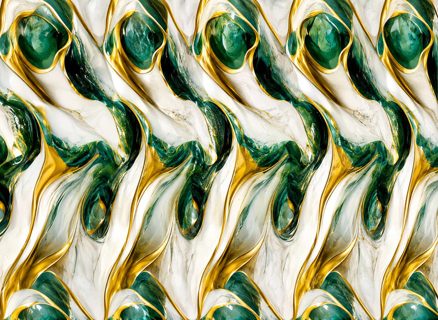 Close-up abstract marble wall sticker texture with emerald green detailing, flowing metallic gold accents, and smooth white marble textures, designed for luxury modern interiors and premium decorative wall spaces.
