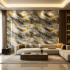 Luxury modern living room featuring a smoky grey marble accent wall with flowing metallic gold veining, cream sectional seating, warm ambient lighting, and elegant contemporary interior styling.