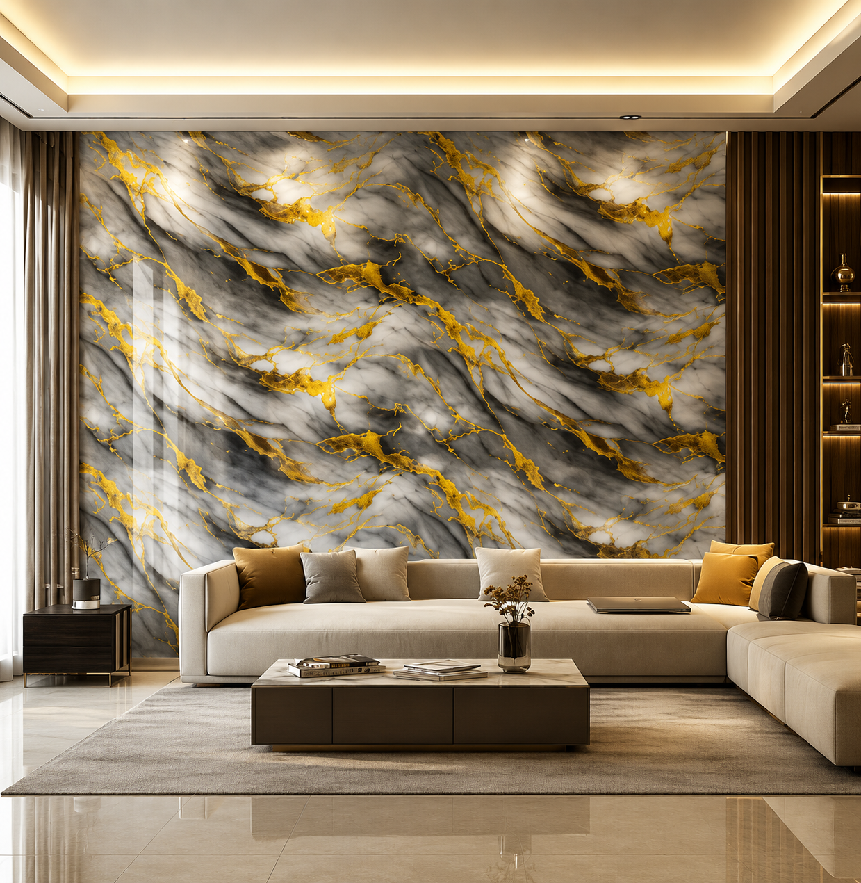 Luxury modern living room featuring a smoky grey marble accent wall with flowing metallic gold veining, cream sectional seating, warm ambient lighting, and elegant contemporary interior styling. Luxury modern living room featuring a smoky grey marble accent wall with flowing metallic gold veining, cream sectional seating, warm ambient lighting, and elegant contemporary interior styling.