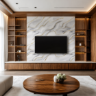 Luxury modern TV wall featuring white marble textures with flowing gold veining, wooden shelving, warm ambient lighting, and elegant contemporary interior styling.