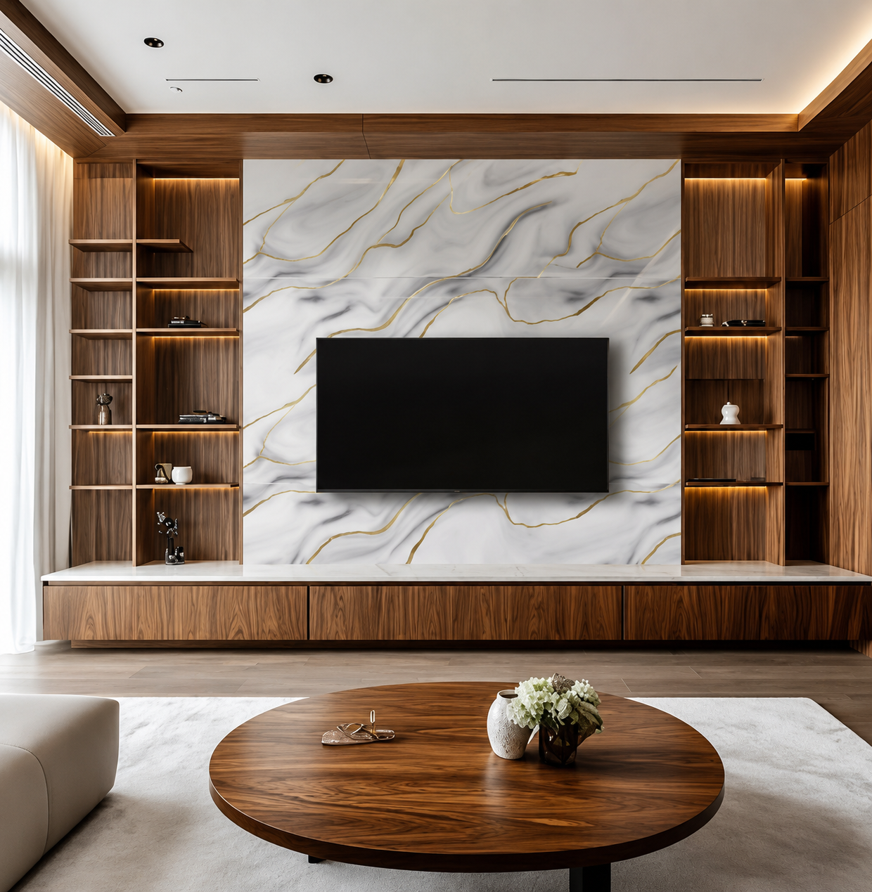 Luxury modern TV wall featuring white marble textures with flowing gold veining, wooden shelving, warm ambient lighting, and elegant contemporary interior styling. Luxury modern TV wall featuring white marble textures with flowing gold veining, wooden shelving, warm ambient lighting, and elegant contemporary interior styling.