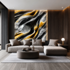 Luxury modern living room featuring a black, white, and gold marble accent wall, beige sectional sofa, dark wood paneling, warm ambient lighting, and elegant contemporary interior styling.