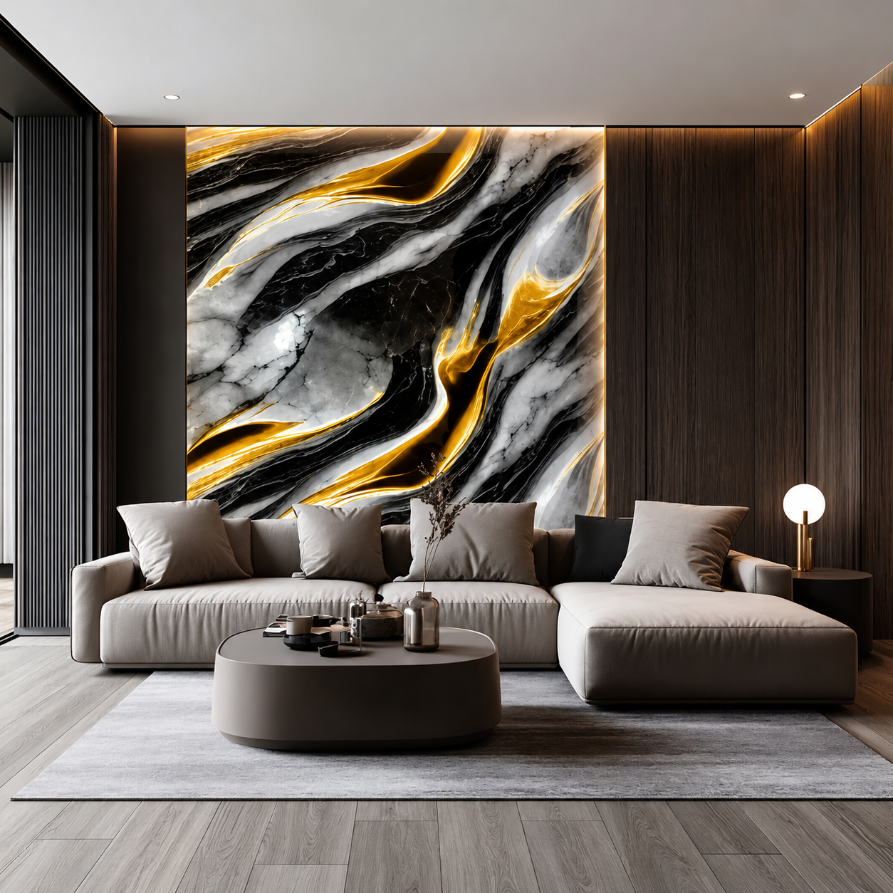 ChatGPT Image May 24, 2026, 06_38_57 PM Luxury modern living room featuring a black, white, and gold marble accent wall, beige sectional sofa, dark wood paneling, warm ambient lighting, and elegant contemporary interior styling.