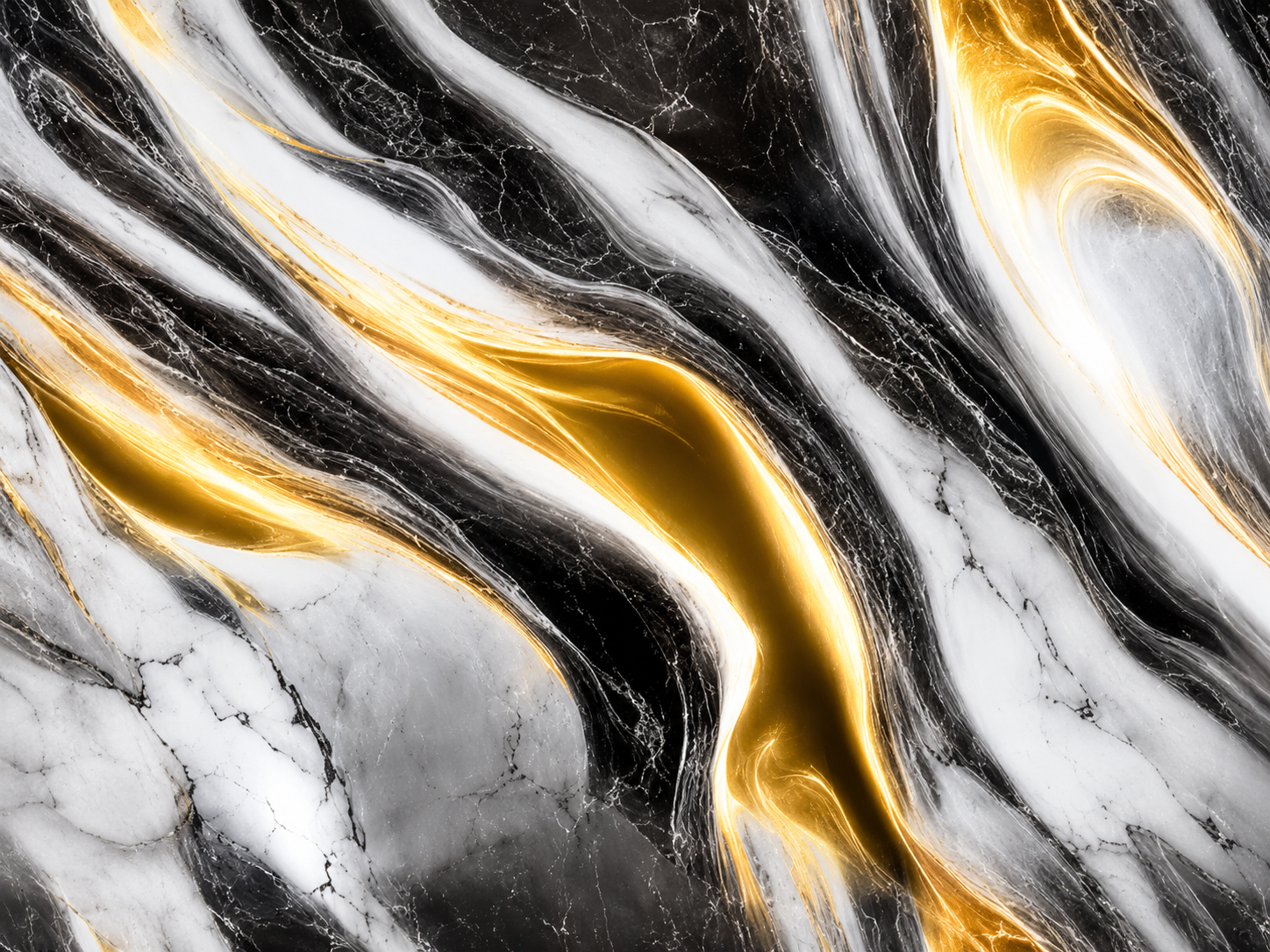 Close-up black and white marble wall sticker texture with flowing metallic gold waves, dramatic charcoal veining, and smooth natural stone detailing, designed for luxury modern interiors and premium decorative wall spaces.