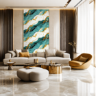 Luxury modern living room featuring a teal green, white, and gold marble accent wall, cream sectional sofa, glossy marble flooring, warm ambient lighting, and elegant contemporary interior styling.