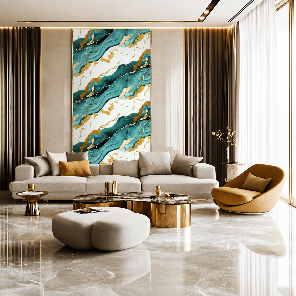 ChatGPT Image May 24, 2026, 06_47_34 PM Luxury modern living room featuring a teal green, white, and gold marble accent wall, cream sectional sofa, glossy marble flooring, warm ambient lighting, and elegant contemporary interior styling.