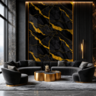 Ultra-luxury modern living room featuring a black marble accent wall with dramatic metallic gold veining, curved velvet seating, gold coffee table, dark textured interiors, and sophisticated ambient lighting.