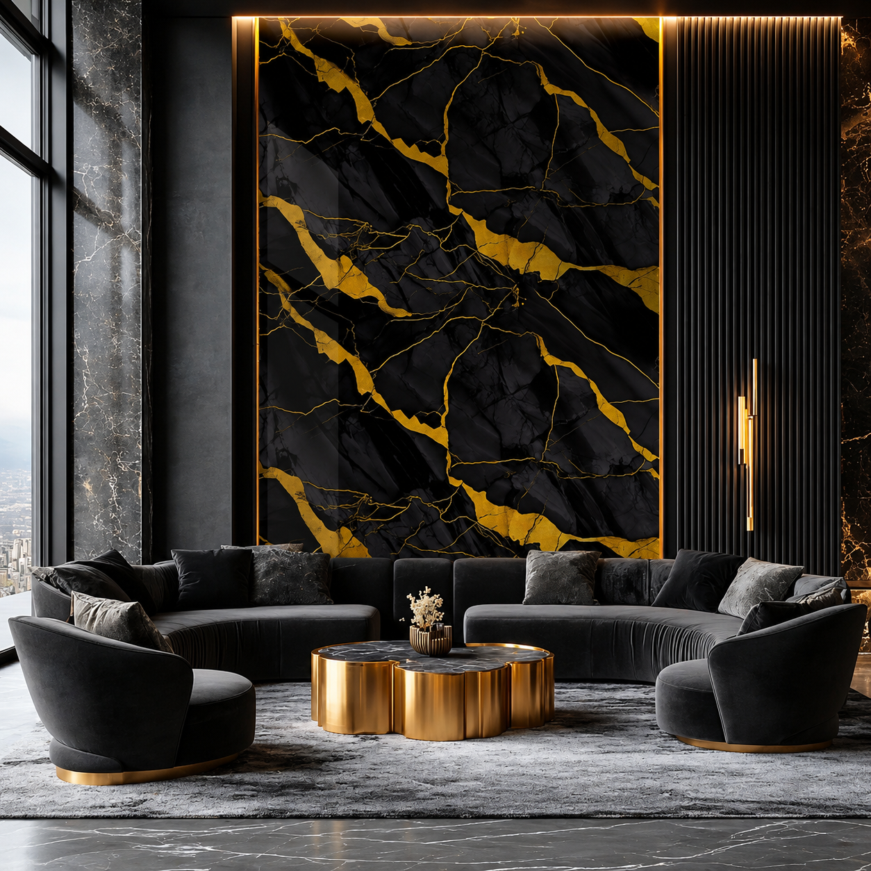 ChatGPT Image May 24, 2026, 07_02_22 PM Ultra-luxury modern living room featuring a black marble accent wall with dramatic metallic gold veining, curved velvet seating, gold coffee table, dark textured interiors, and sophisticated ambient lighting.