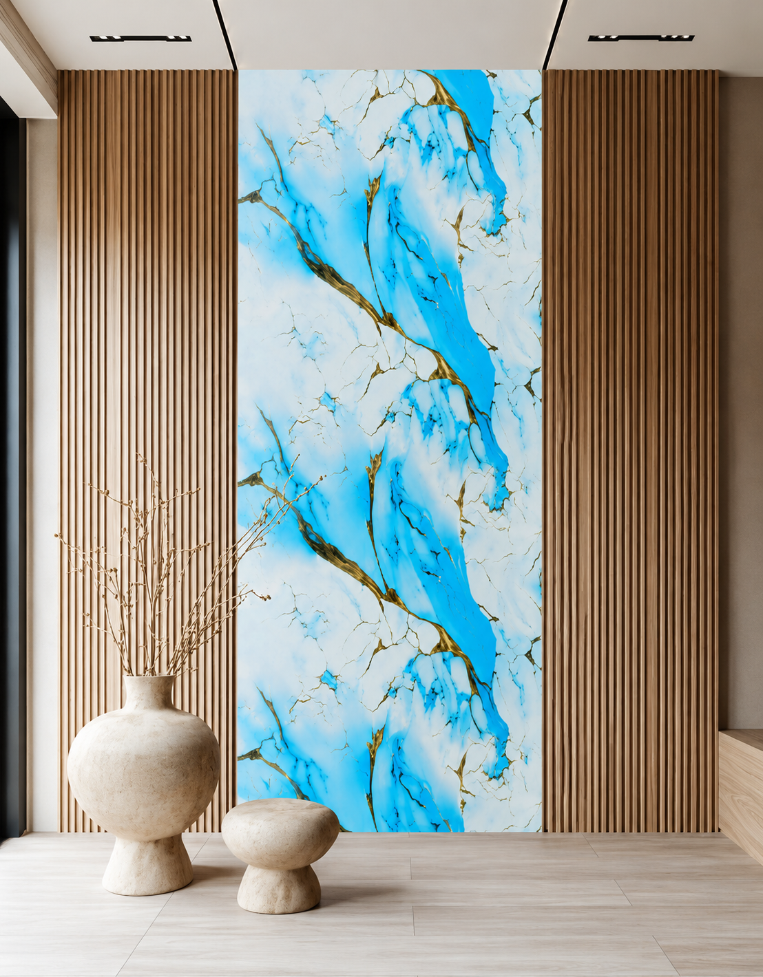 Modern luxury interior featuring a sky blue marble accent wall with elegant gold veining, warm wooden slat panels, sculptural decor pieces, and minimalist contemporary styling.
