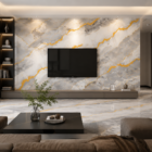 Luxury modern living room featuring a large grey and white UV marble sheet feature wall with bold gold veining, glossy marble flooring, warm ambient lighting, and contemporary interior décor.