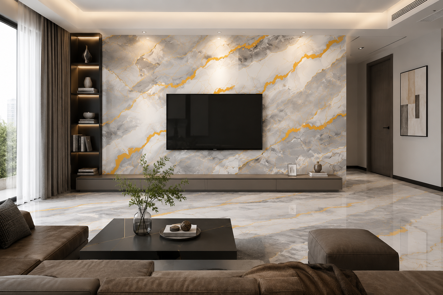 ChatGPT Image May 25, 2026, 01_11_57 PM Luxury modern living room featuring a large grey and white UV marble sheet feature wall with bold gold veining, glossy marble flooring, warm ambient lighting, and contemporary interior décor.