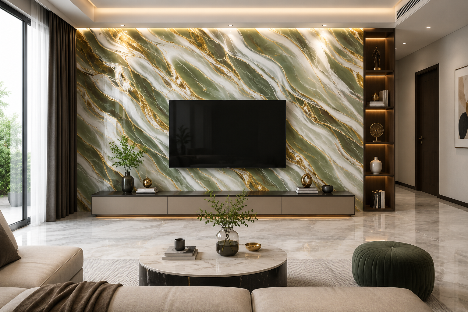 Modern luxury interior featuring a green and white UV marble sheet accent wall with flowing gold veining, elegant lighting, and contemporary living room décor. Modern luxury interior featuring a green and white UV marble sheet accent wall with flowing gold veining, elegant lighting, and contemporary living room décor.