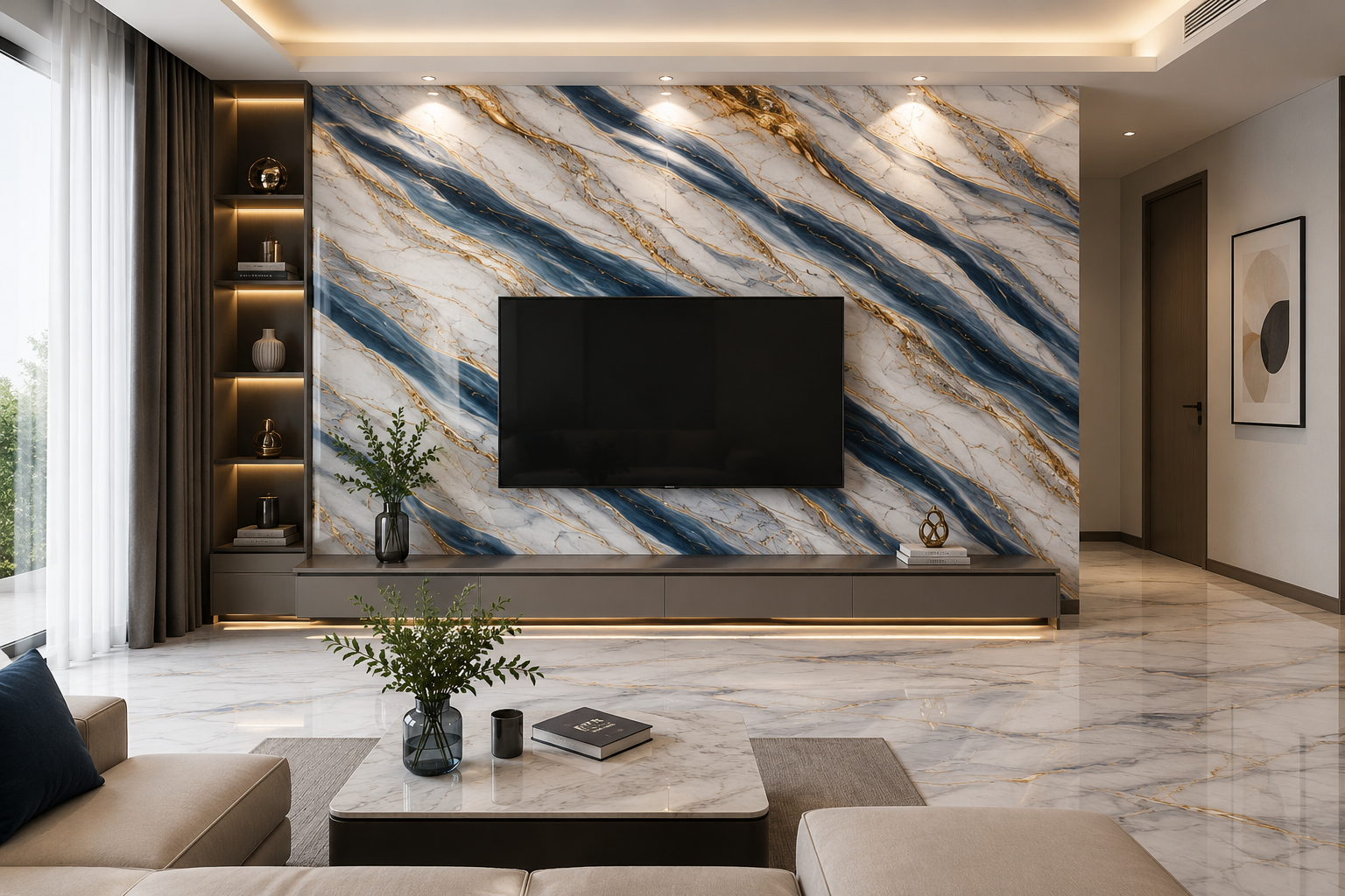 Luxury modern living room featuring a blue, white, and gold UV marble sheet TV wall with elegant lighting, glossy marble flooring, and premium contemporary interior décor. Luxury modern living room featuring a blue, white, and gold UV marble sheet TV wall with elegant lighting, glossy marble flooring, and premium contemporary interior décor.