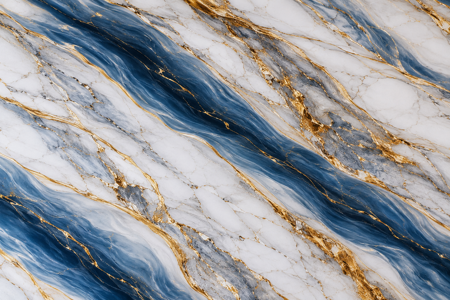 Close-up texture of a blue and white UV marble sheet with flowing gold veins, glossy polished finish, and luxury natural stone effect design for modern interior walls.