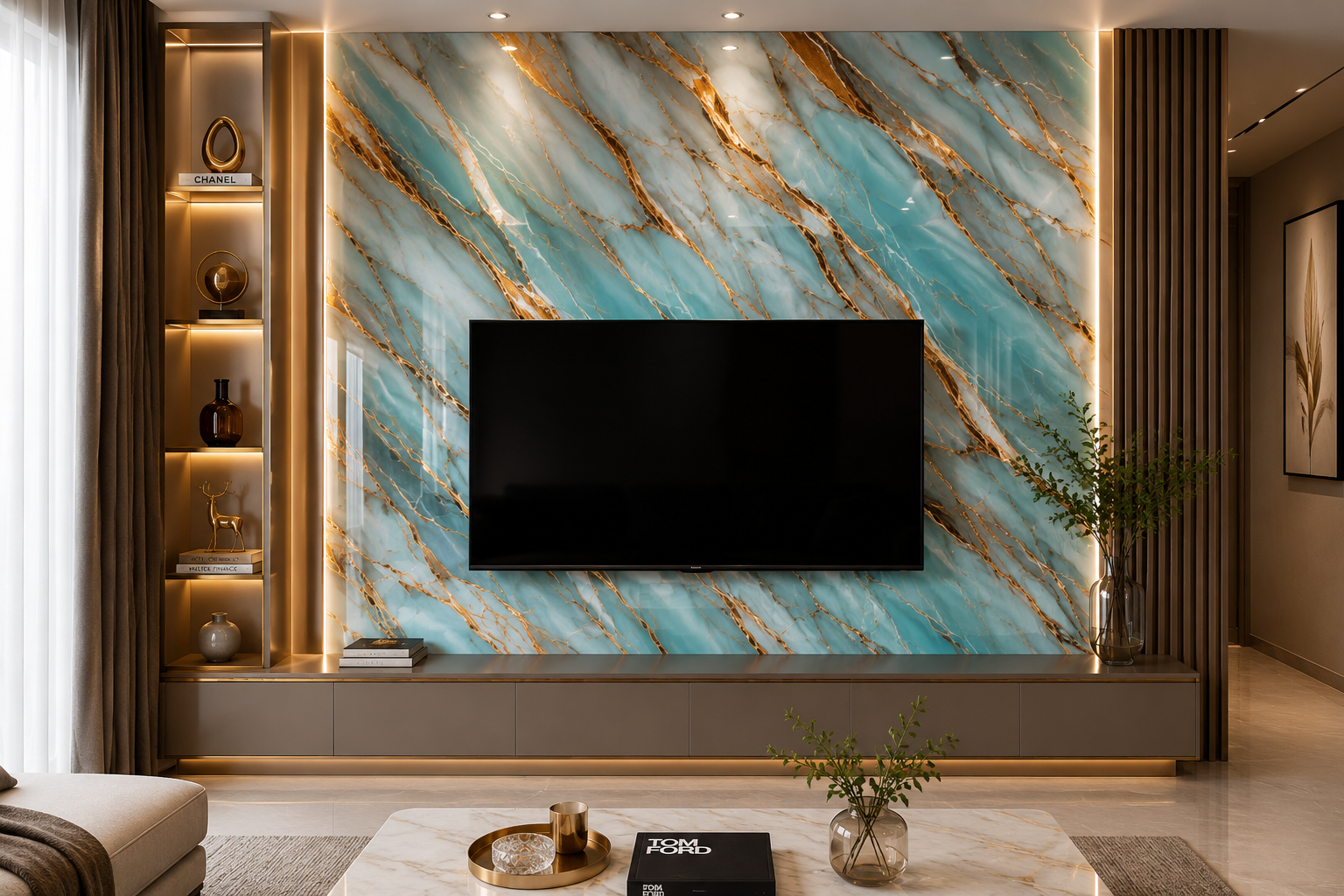 Modern luxury living room with elegant accents Ocean Pearl UV Marble Sheet