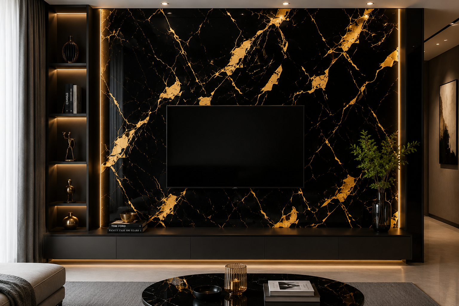 Sleek luxury living room design Black Royale UV Marble Sheet