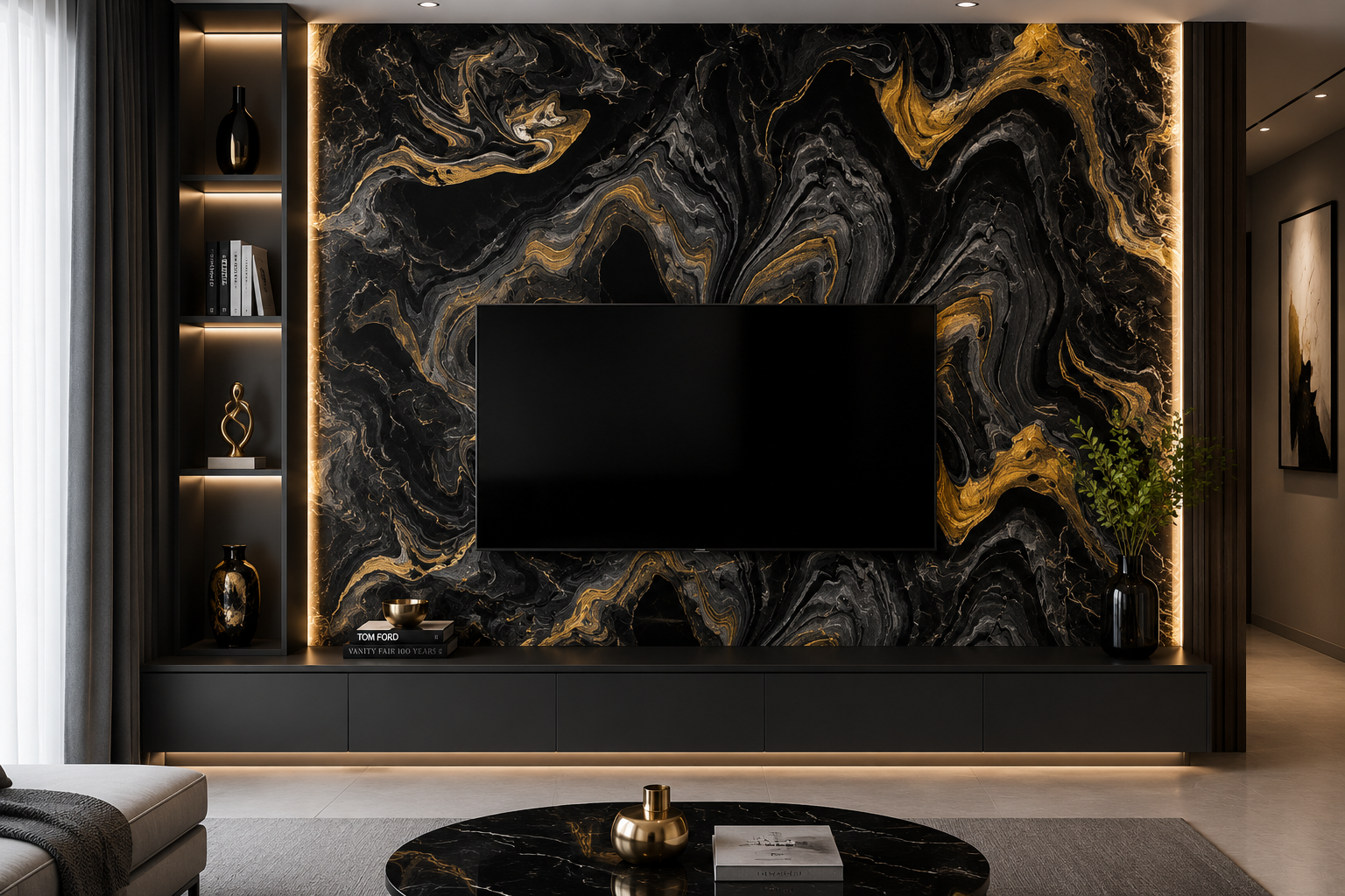 Luxurious modern living room design Molten Noir UV Marble Sheet