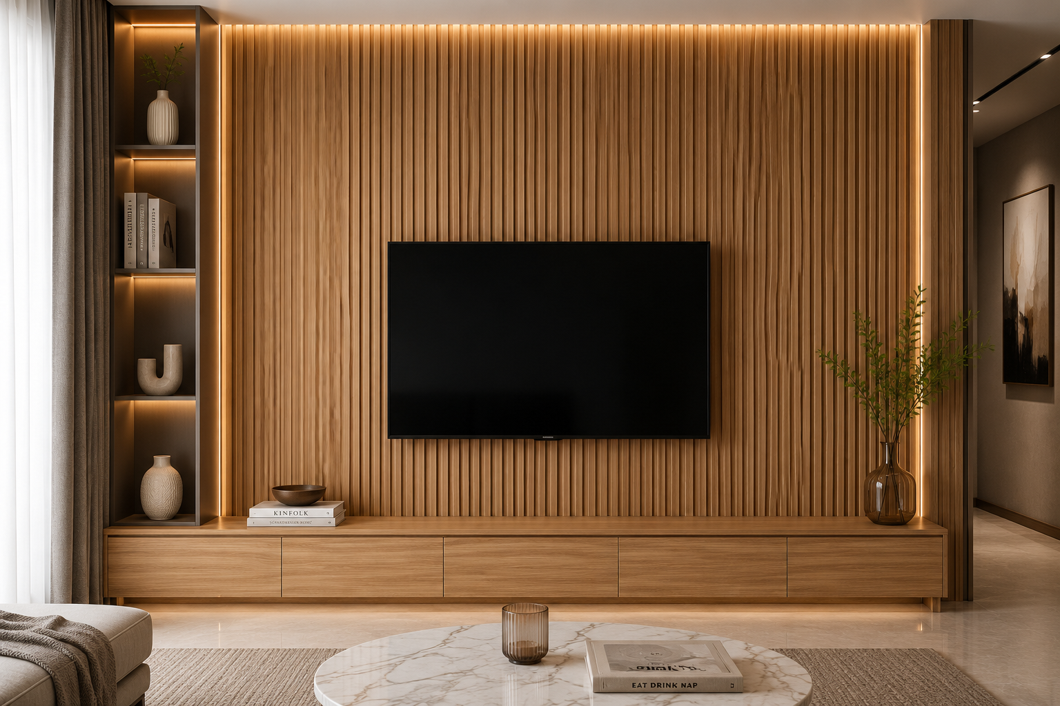 Modern Scandinavian living room design Oak Crest WPC Wall Panel