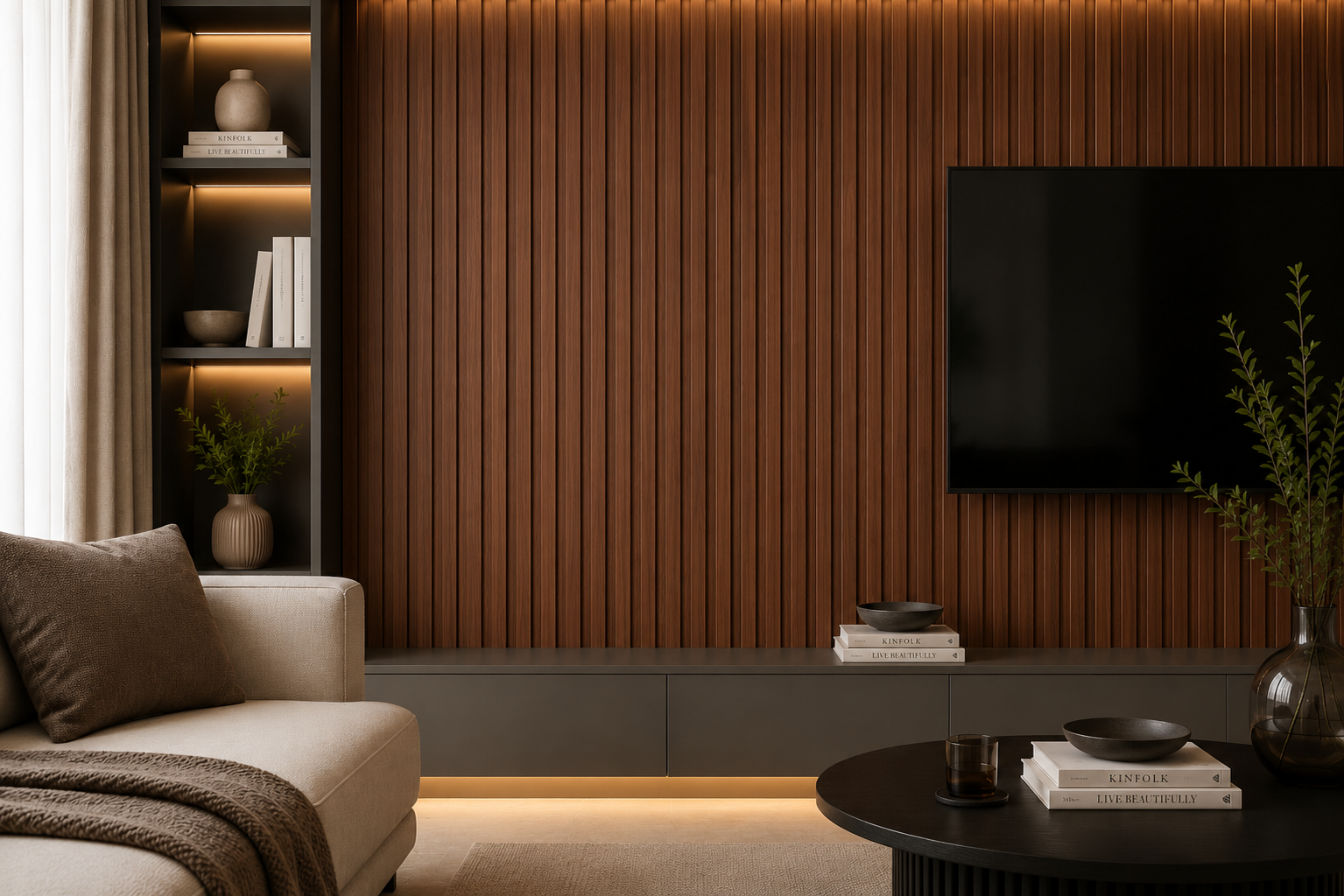 Minimalist cozy living room interior Royal Teak WPC Wall Panel