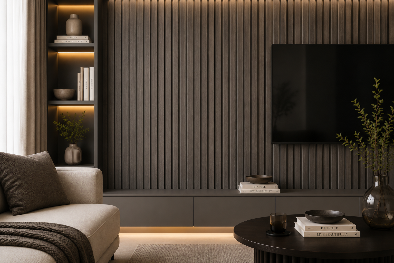 Modern minimalist living room design Shadow Drift WPC Wall Panel
