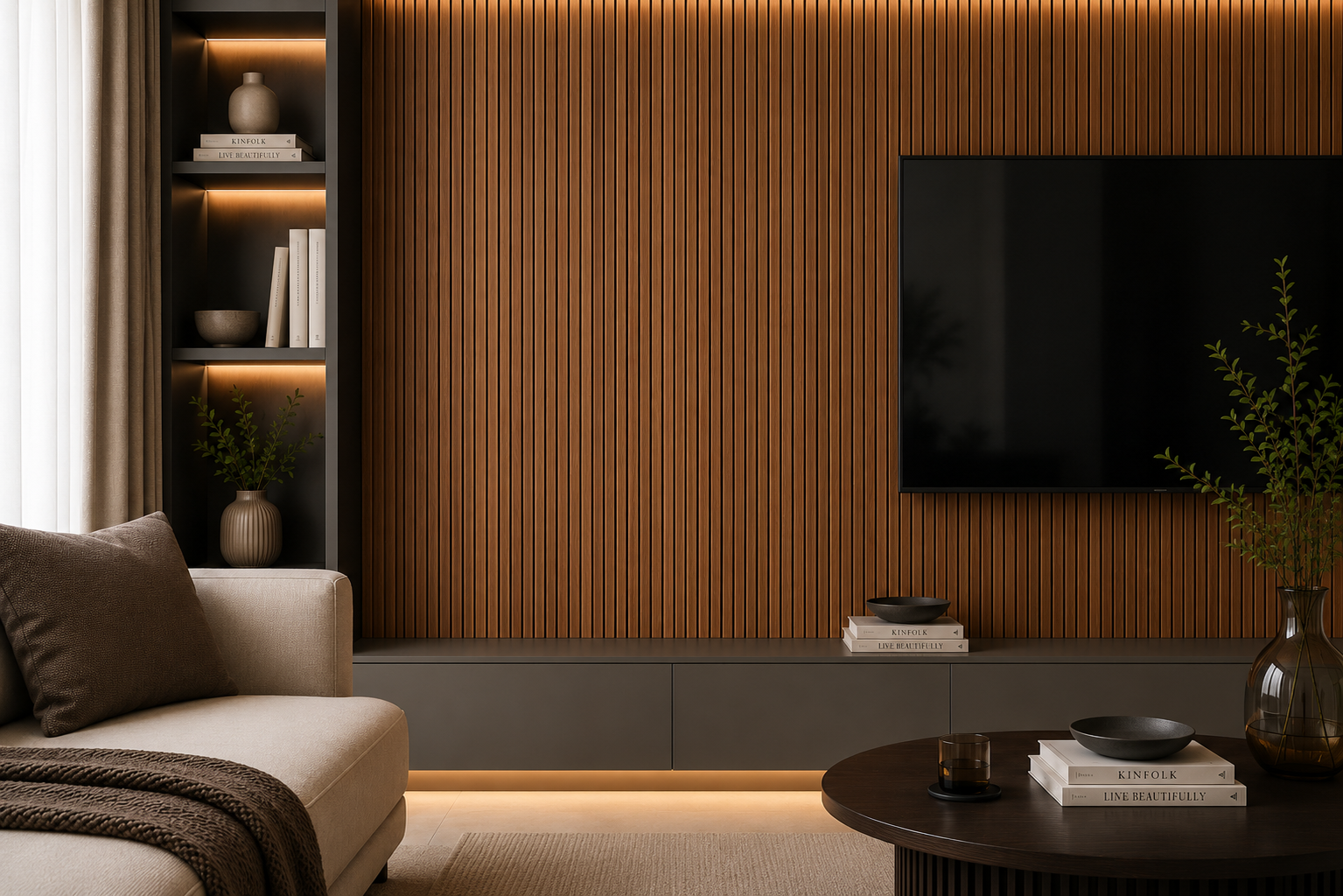 Cozy minimalist living room ambiance Honey Cedar WPC Wall Panel