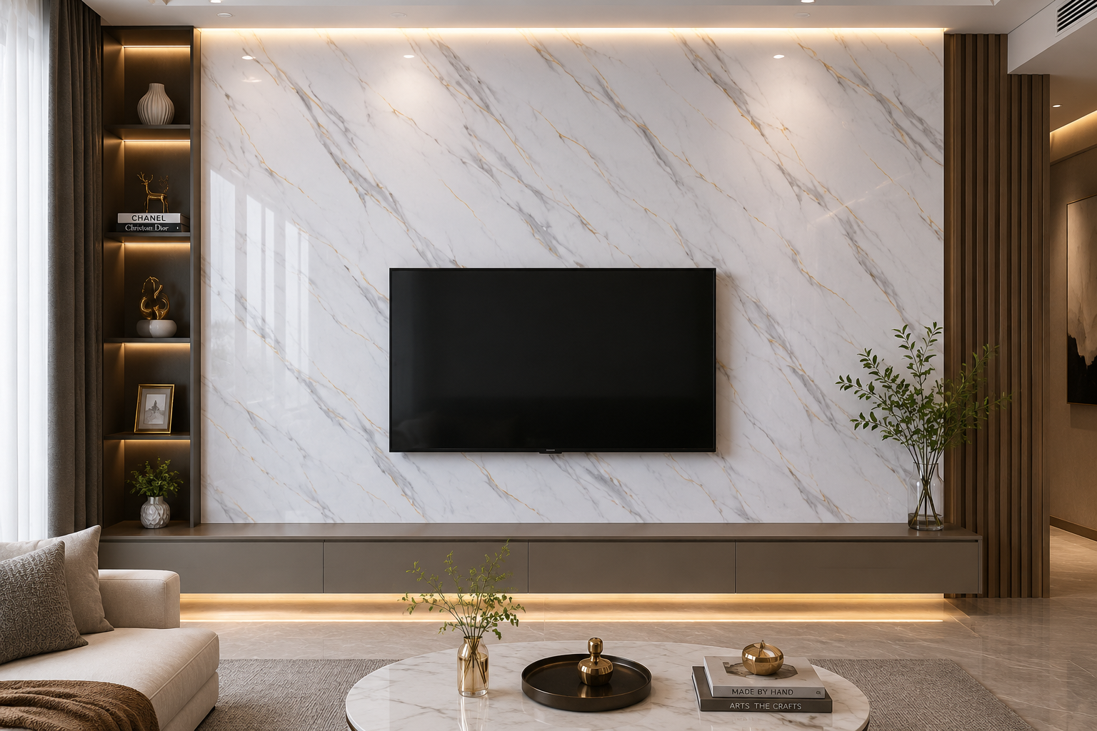 Luxurious marble-infused modern living room Arctic Vein UV Marble Sheet