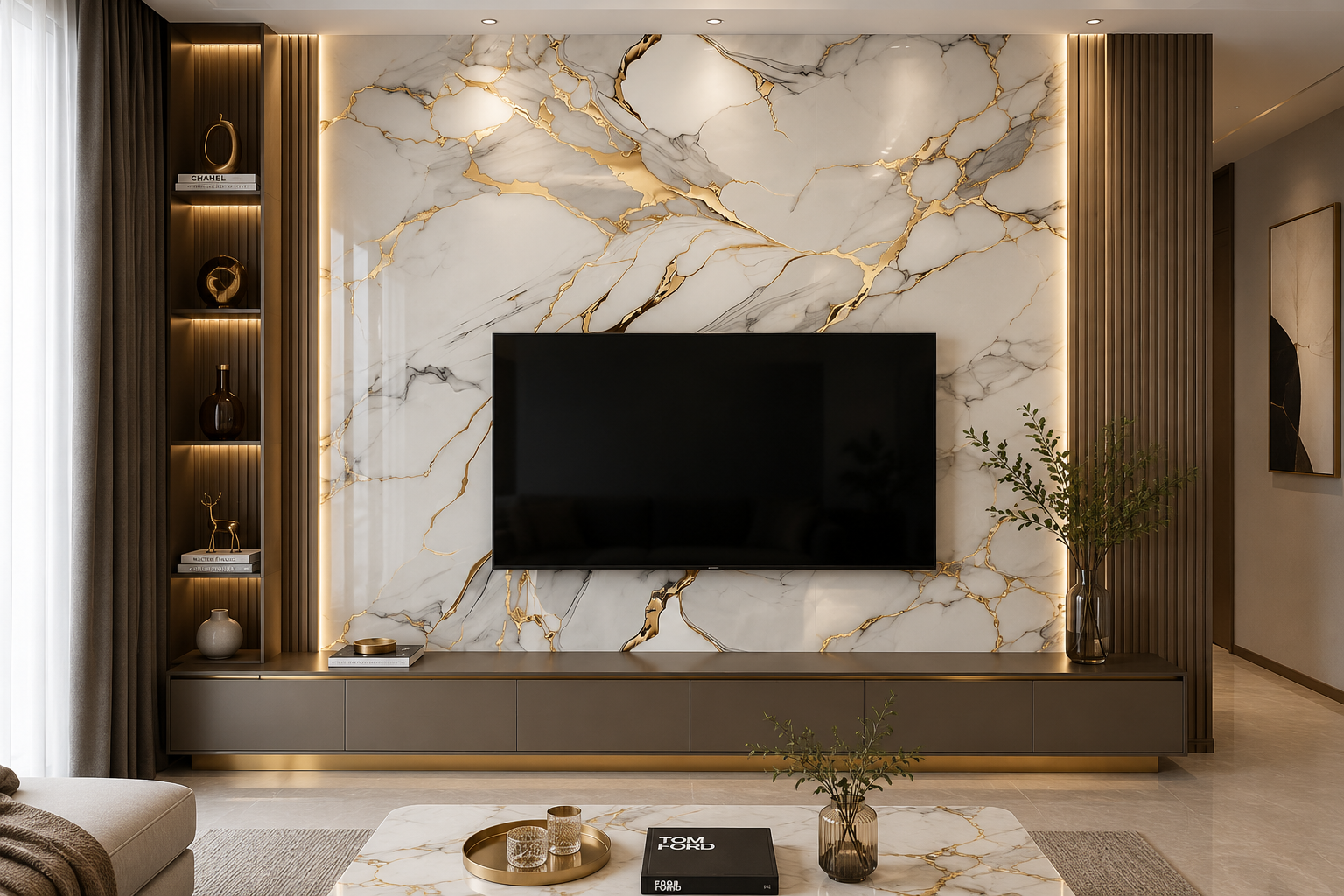 Modern luxury living room design Ivory Luxe UV Marble Sheet