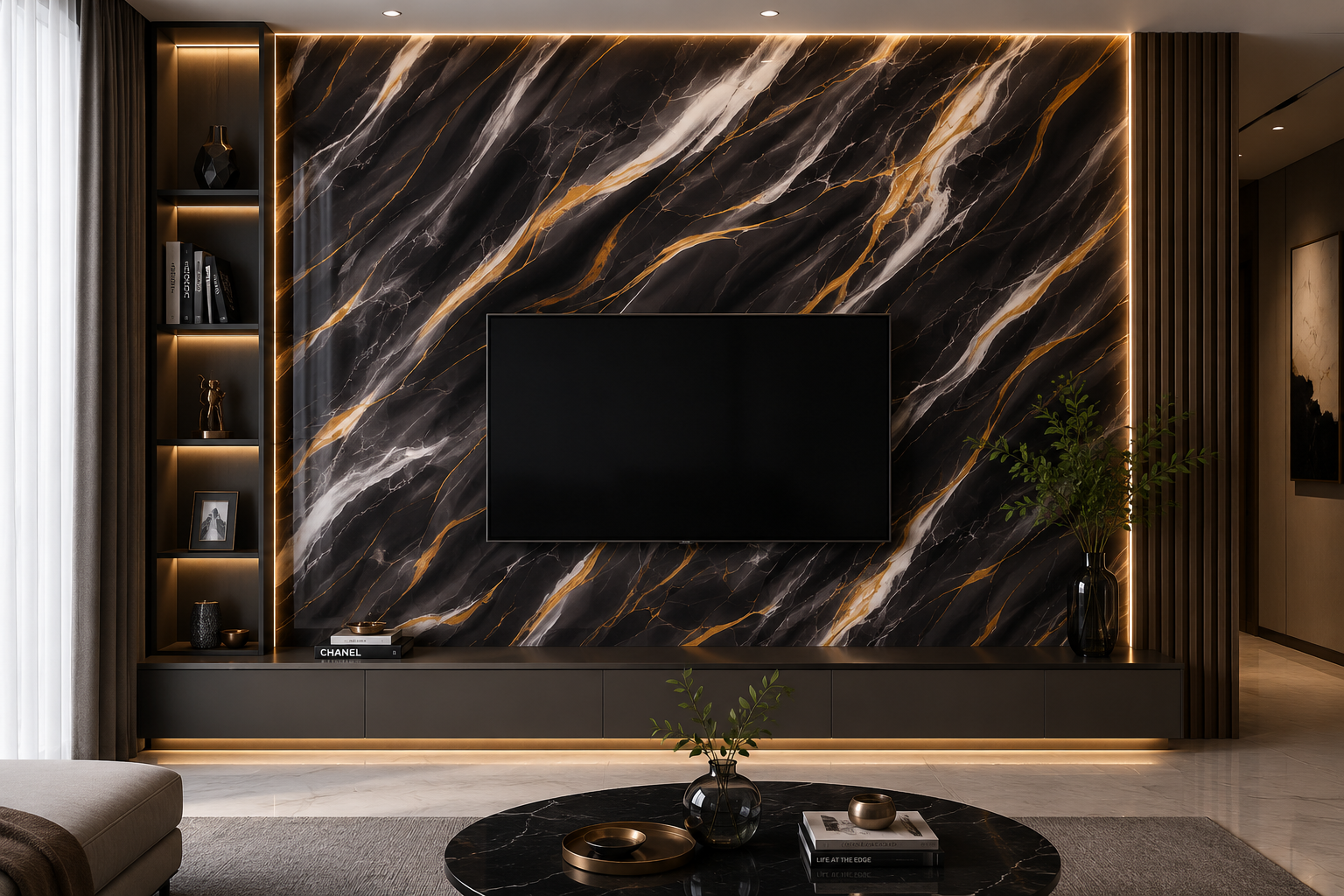 Sleek modern luxury living room design Midnight Gold UV Marble Sheet